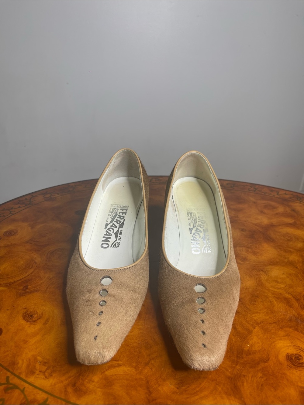 Salvatore Ferragamo Tan Haircalf Flats with Button Detail